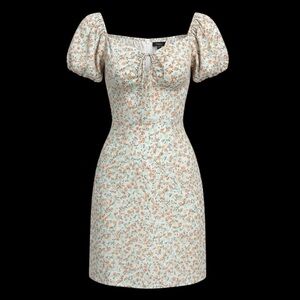 NWT Cider Brand Midi Dress White with Floral print Drawstring Top Puff Sleeves